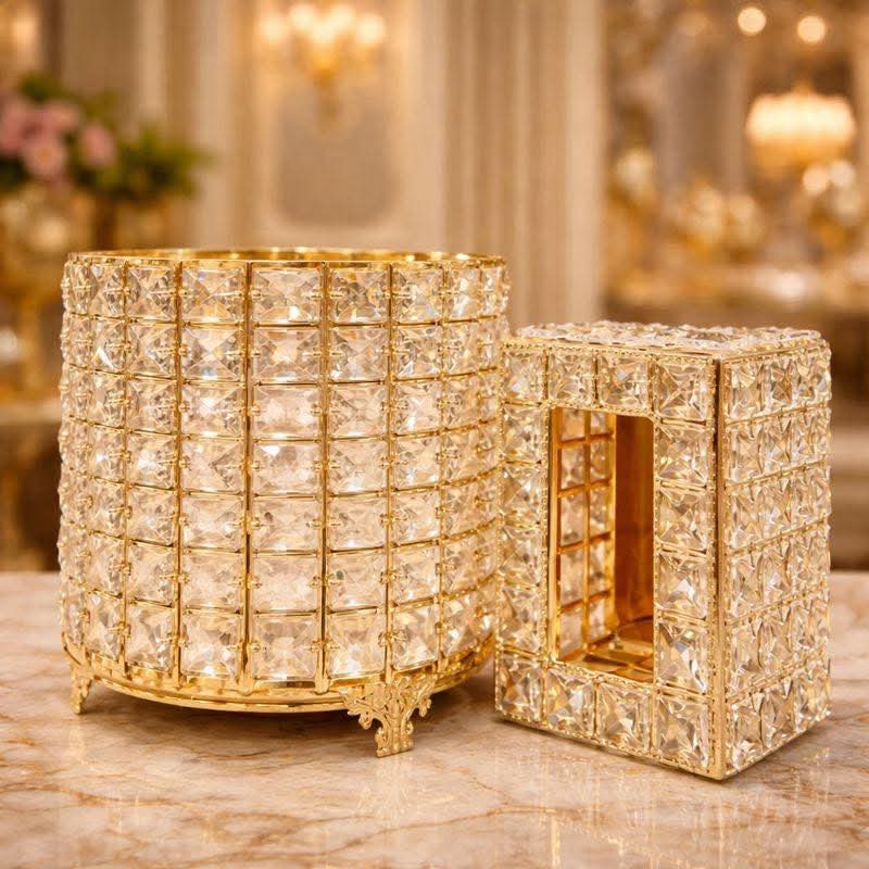 Floral Crystal Print Round Nug Bin & Tissue Box – Gold (Random Design)