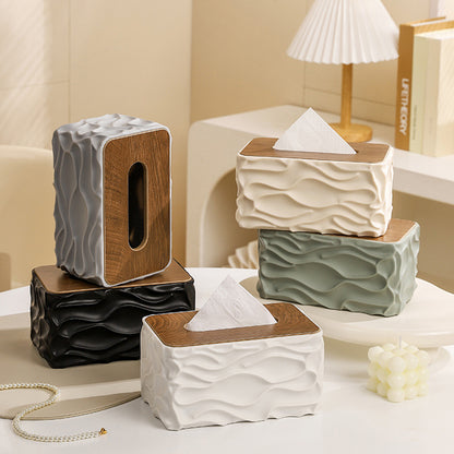 Luxury Wave Texture Tissue Box Cover with Wooden Lid – Premium Decorative Tissue Holder for Home & Office