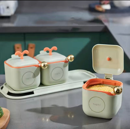 3-Piece Modern Spice Jar Set with Tray & Spoons – Airtight Containers for Kitchen Storage