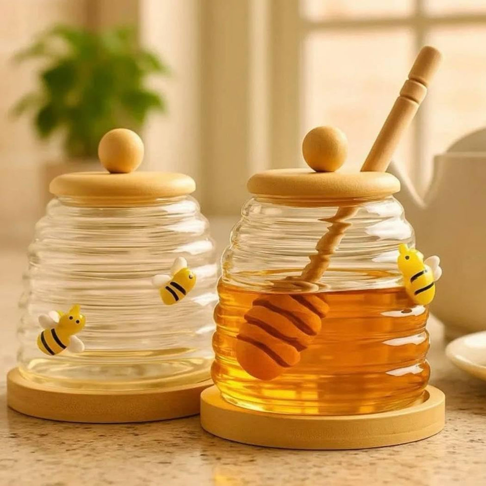Glass Honey Pot With Spoon, Honey Jar With Wooden Lid