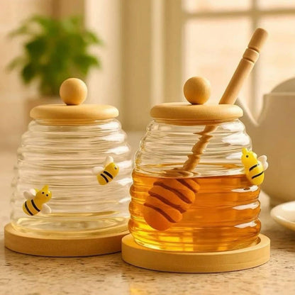 Glass Honey Pot With Spoon, Honey Jar With Wooden Lid