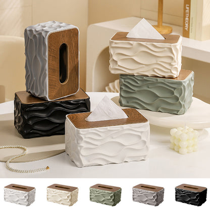 Luxury Wave Texture Tissue Box Cover with Wooden Lid – Premium Decorative Tissue Holder for Home & Office