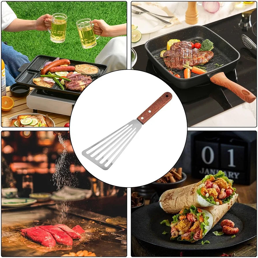 Non Slip Stainless Steel Frying Spatula, Rust Proof Spatula With Wooden Handle