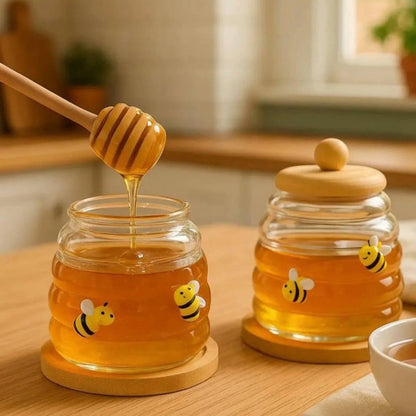 Glass Honey Pot With Spoon, Honey Jar With Wooden Lid
