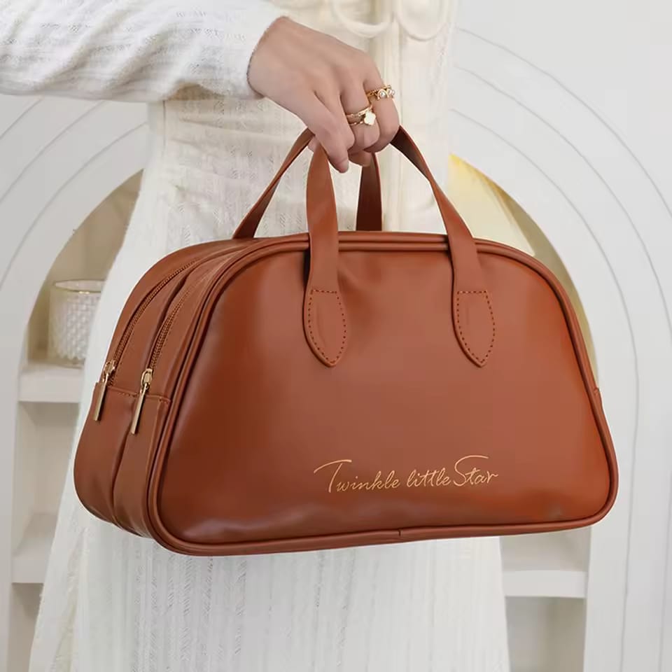 PU Leather Double Layer Travel Cosmetics Storage Bag