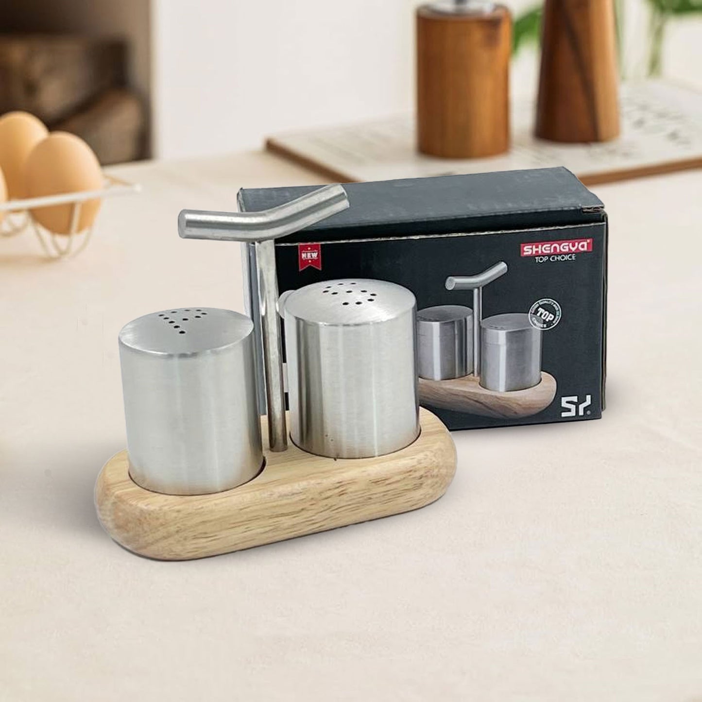 Stainless Steel Wooden Base Seasoning Set Salt & Pepper Shakker Set