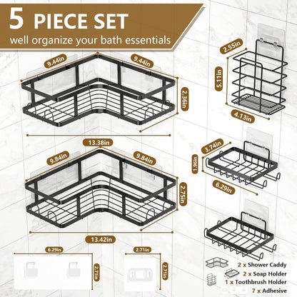Set Of 5 Mesh Shower Shelves, Multipurpose Wall Storage Racks Stainless Steel Bathroom Corner Baskets