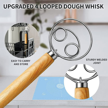Wooden Bread Whisk with Stainless Steel Dough Hook