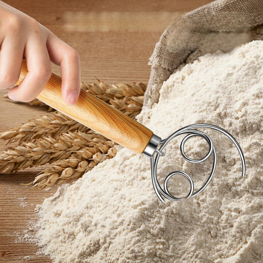 Wooden Bread Whisk with Stainless Steel Dough Hook