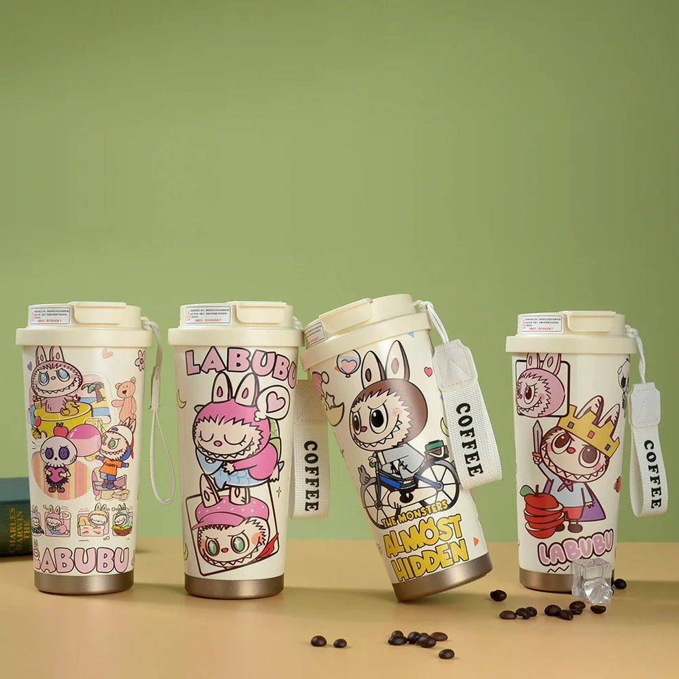 Labubu Cute Cartoon Coffee Thermos  Leakproof Portable Travel Mug with Lid