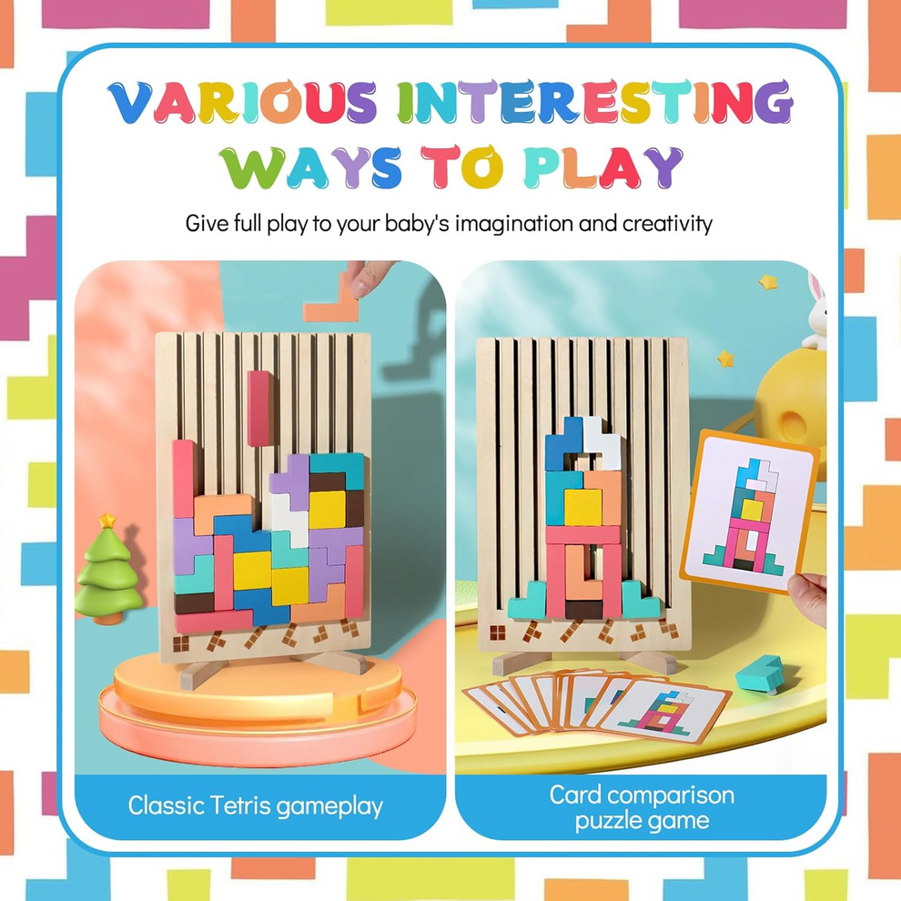 3D Wooden Tetris Puzzle Blocks Educational Colorful Set