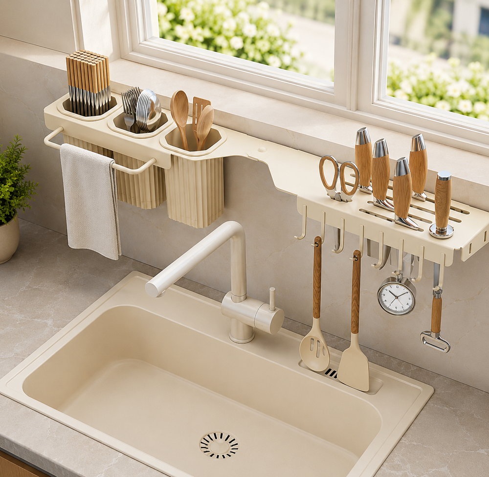 Wall Mounted Over The Sink Organizer Rack, Kitchen Storage Shelf with Knife Holder