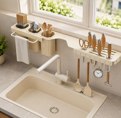 Wall Mounted Over The Sink Organizer Rack, Kitchen Storage Shelf with Knife Holder
