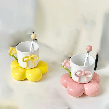 Luxury Floral Ceramic Coffee Cup with Bow Design & Decorative Stand