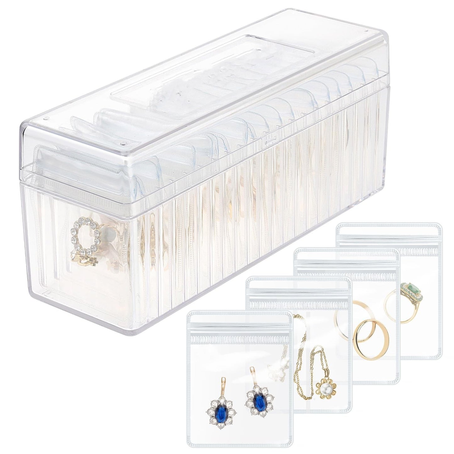Clear Jewelry Organizer Box with 20 pvc Resealable Zip Bags – Compact Storage Case for Rings, Earrings, Necklaces & Small Accessories