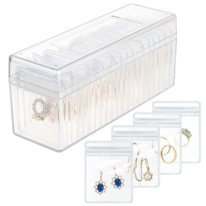 Clear Jewelry Organizer Box with 20 pvc Resealable Zip Bags – Compact Storage Case for Rings, Earrings, Necklaces & Small Accessories