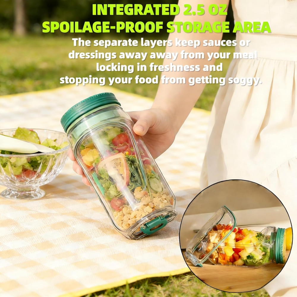 Dual-Opening Salad Jar with Built-In Sauce Cup