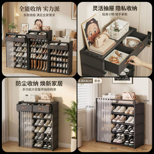 Double Drawer Curtain Shoe Rack Premium Heavy Quality