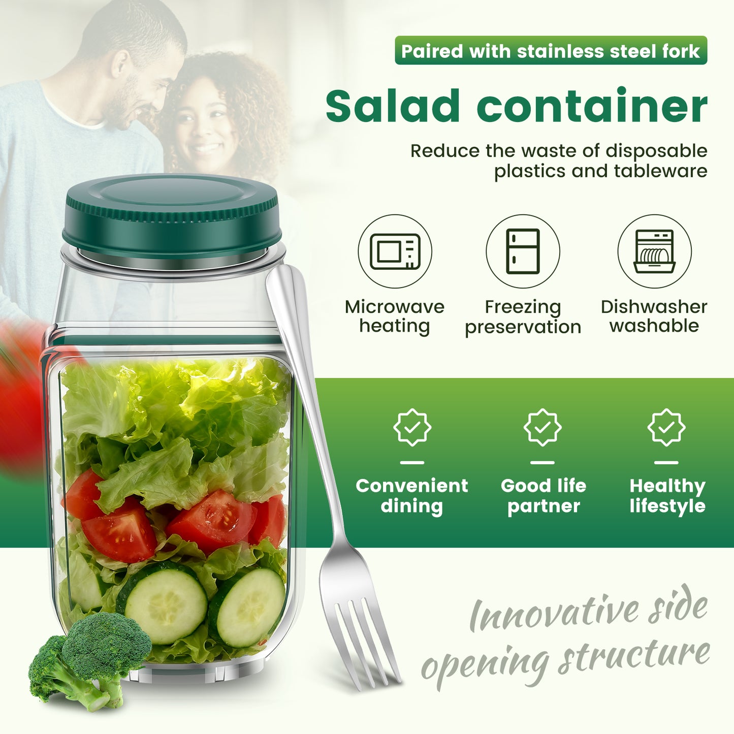 Dual-Opening Salad Jar with Built-In Sauce Cup