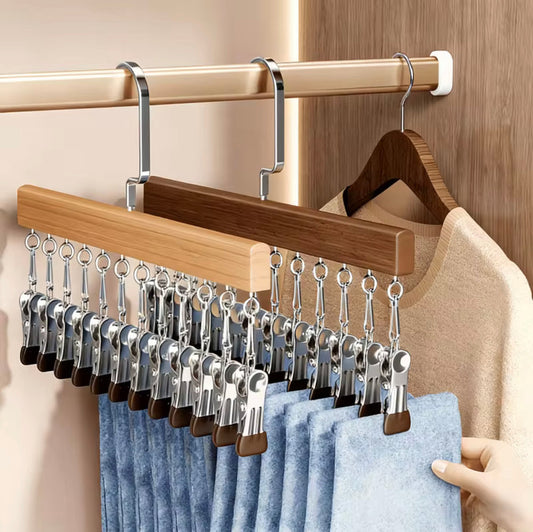 12 Clips Hanging Closet Organizer, Wooden Clip Stainless Steel Hanger