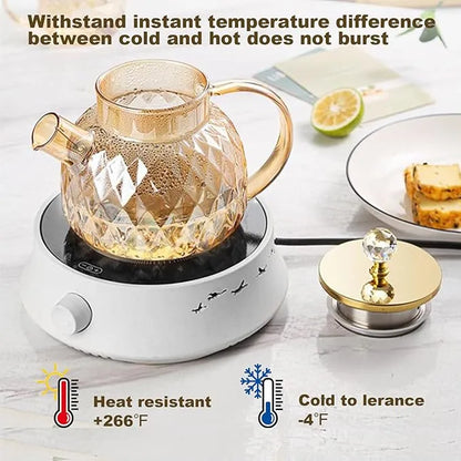 Diamond-Patterned Borosilicate Glass Teapot With Bamboo Lid And Crystal Knob