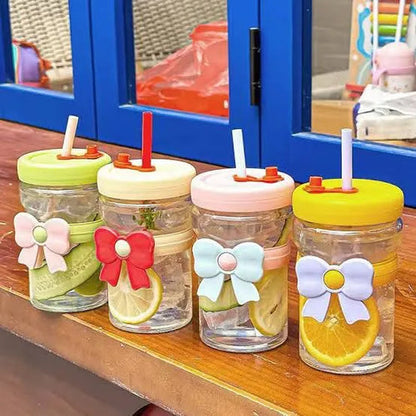 Big Bow Glass Cup With Straw