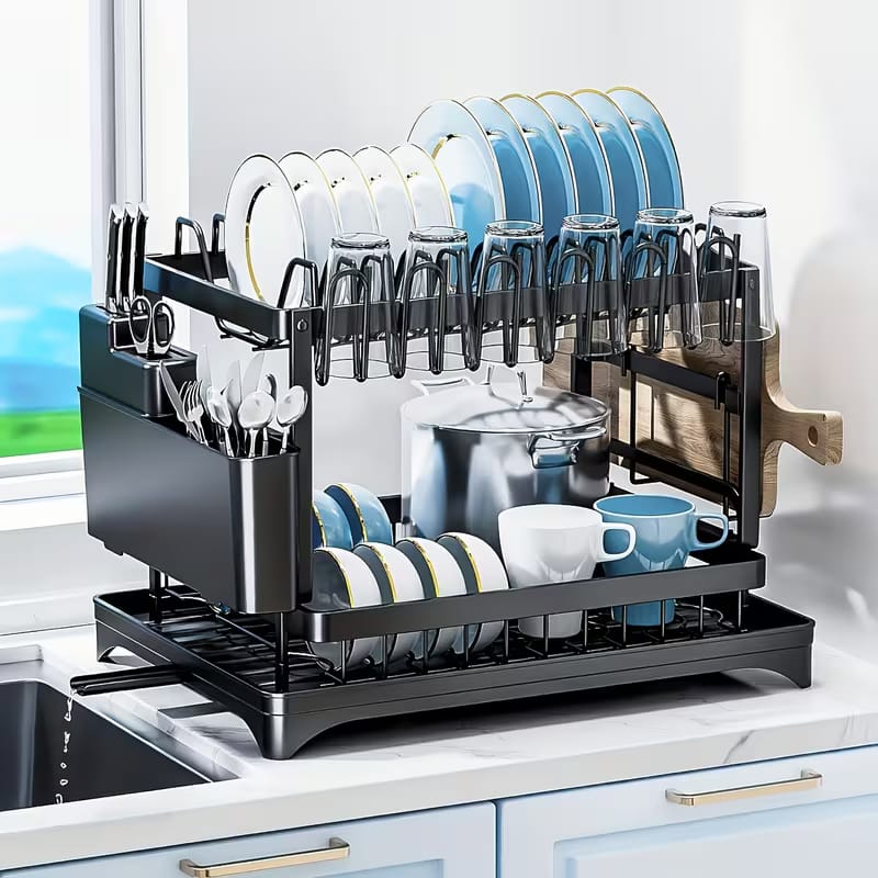 2 Tier Black Dish Drainer Rack With Glass Holder Rust proof