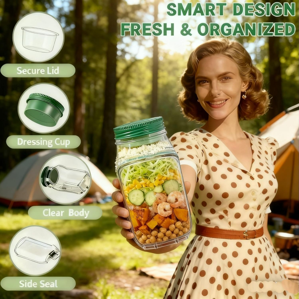 Dual-Opening Salad Jar with Built-In Sauce Cup