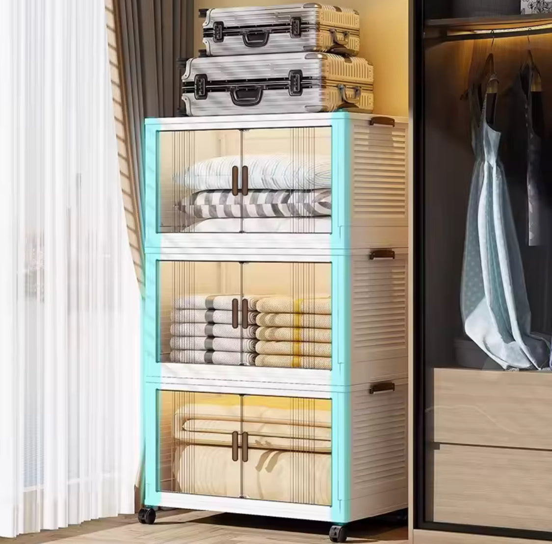 Multi Layer Foldable Storage Cabinet, Bedroom Closet Organizer With Doors
