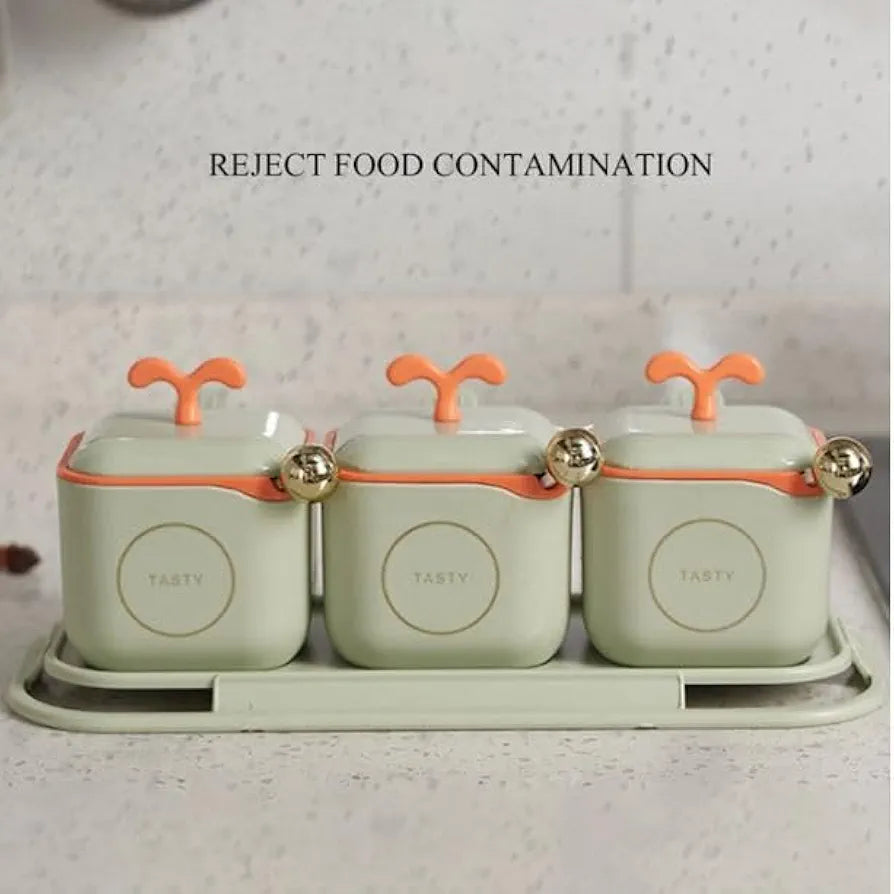 3-Piece Modern Spice Jar Set with Tray & Spoons – Airtight Containers for Kitchen Storage