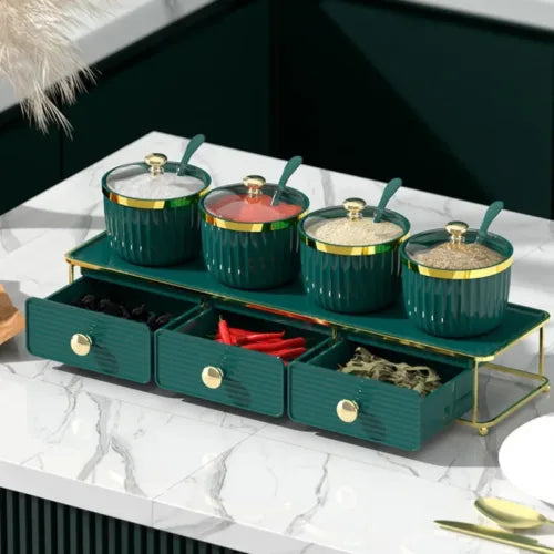 Luxury Spice Set Double Tier Kitchen Organizer with Golden Metal Stand