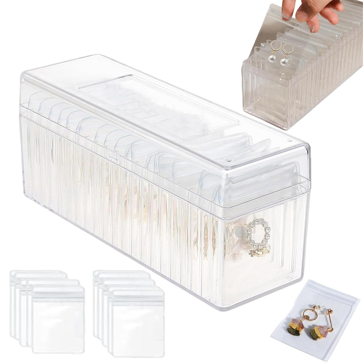 Clear Jewelry Organizer Box with 20 pvc Resealable Zip Bags – Compact Storage Case for Rings, Earrings, Necklaces & Small Accessories