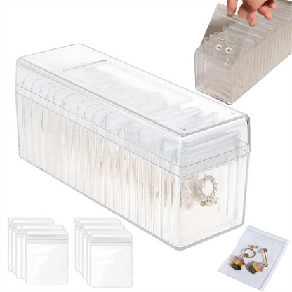 Clear Jewelry Organizer Box with 20 pvc Resealable Zip Bags – Compact Storage Case for Rings, Earrings, Necklaces & Small Accessories