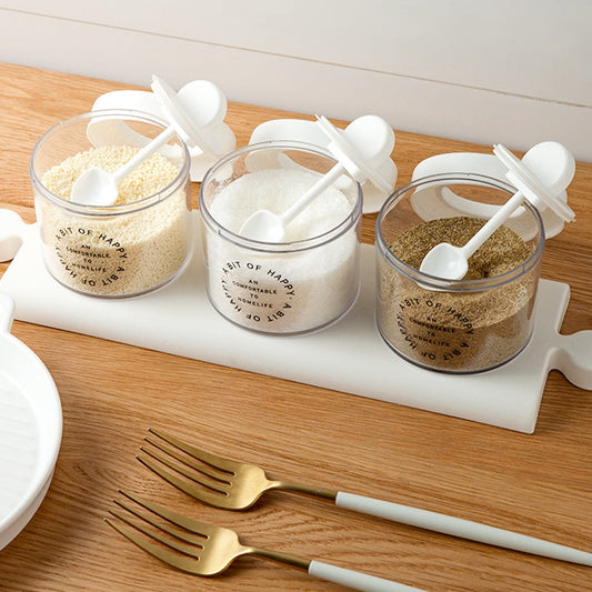 3Pcs Kitchen Spices Storage Jars Spoon With Tray