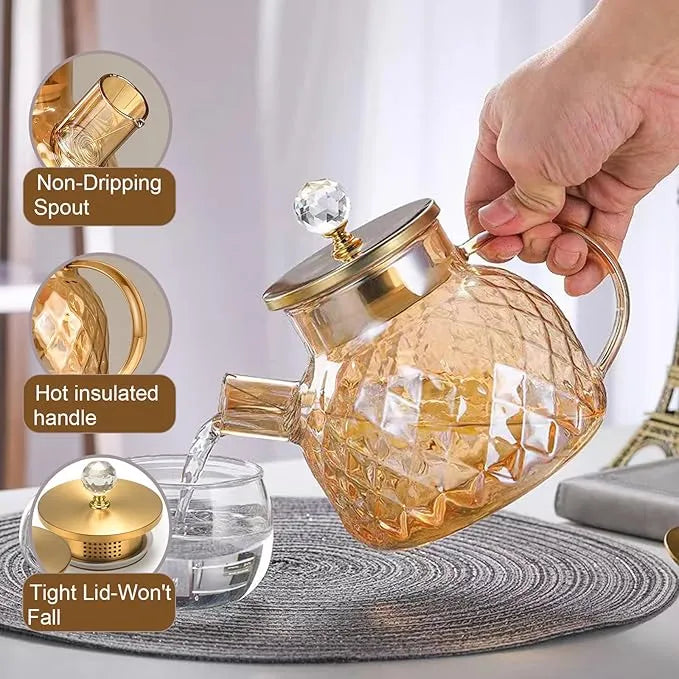 Diamond-Patterned Borosilicate Glass Teapot With Bamboo Lid And Crystal Knob