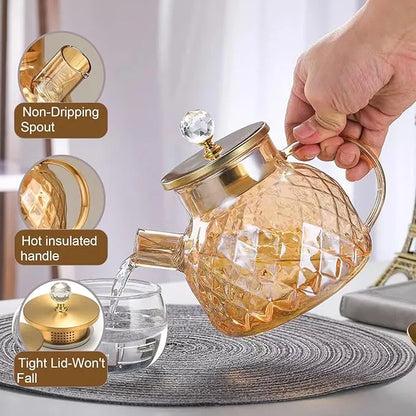 Diamond-Patterned Borosilicate Glass Teapot With Bamboo Lid And Crystal Knob