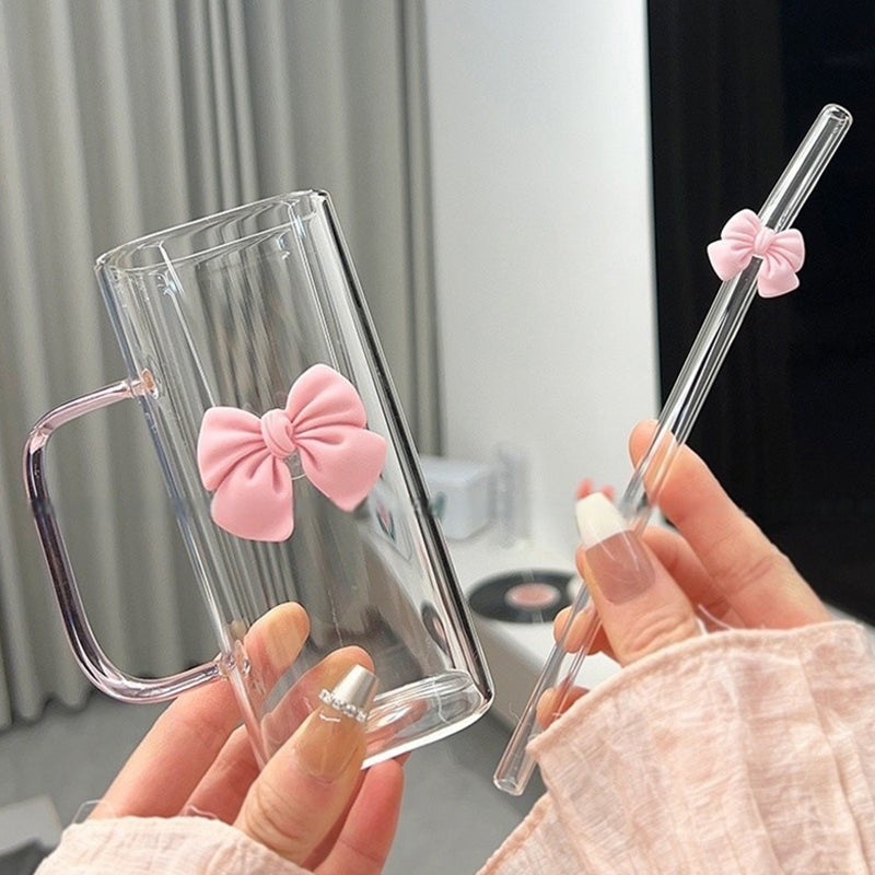Square Glass Tumbler with Double Bows & Straw – Elegant Drinkware