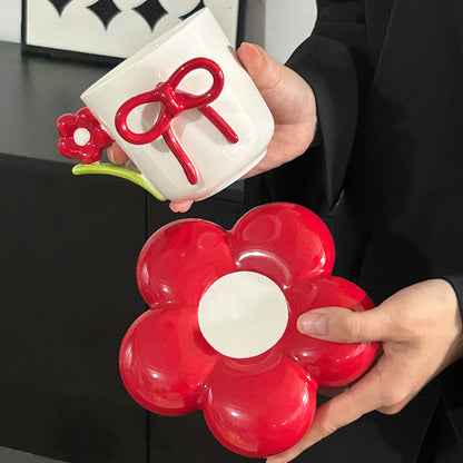 Luxury Floral Ceramic Coffee Cup with Bow Design & Decorative Stand