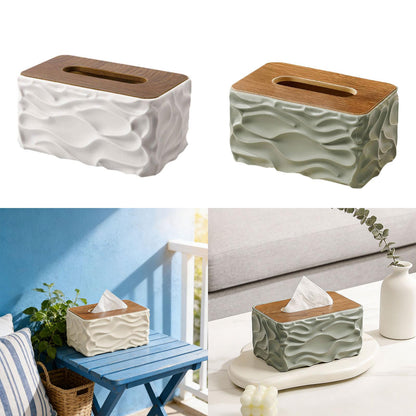 Luxury Wave Texture Tissue Box Cover with Wooden Lid – Premium Decorative Tissue Holder for Home & Office