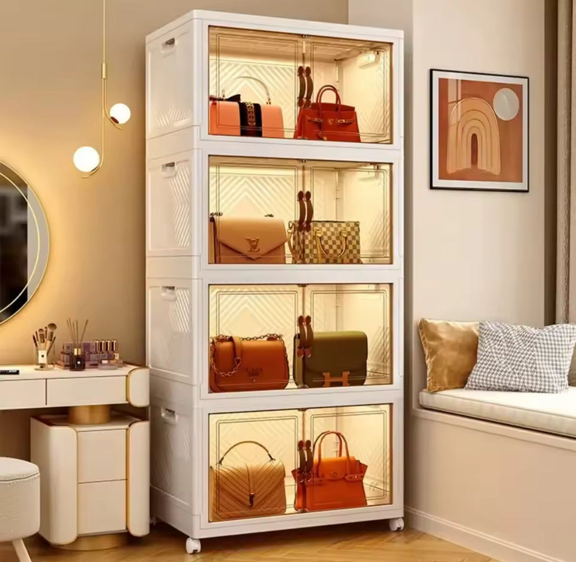 Multi Layer Foldable Storage Cabinet, Bedroom Closet Organizer With Doors
