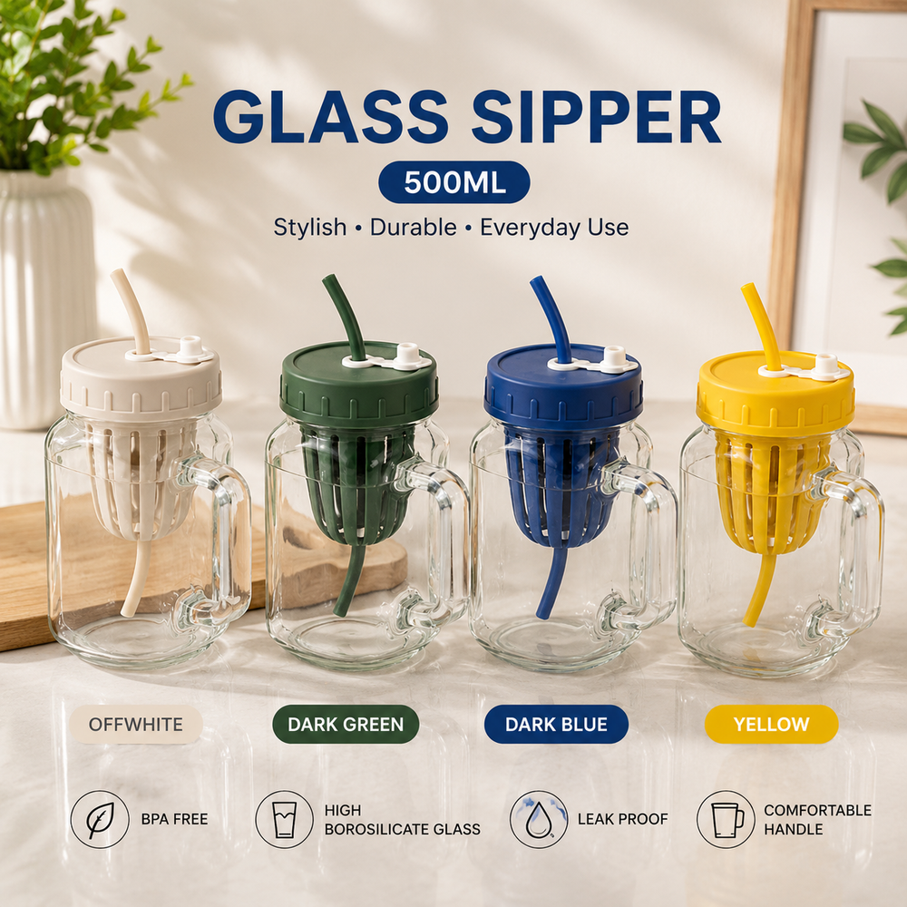 500ml Glass Sipper with Infuser, Leakproof Glass Infuser Mug with Straw