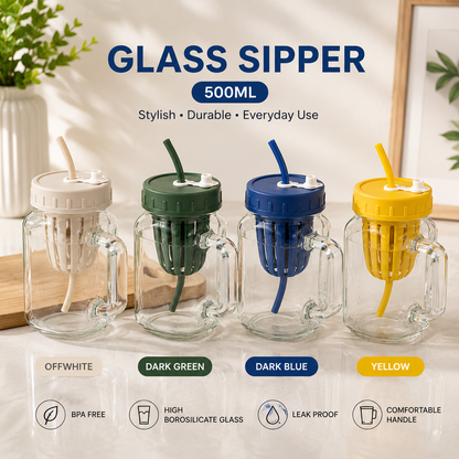 500ml Glass Sipper with Infuser, Leakproof Glass Infuser Mug with Straw