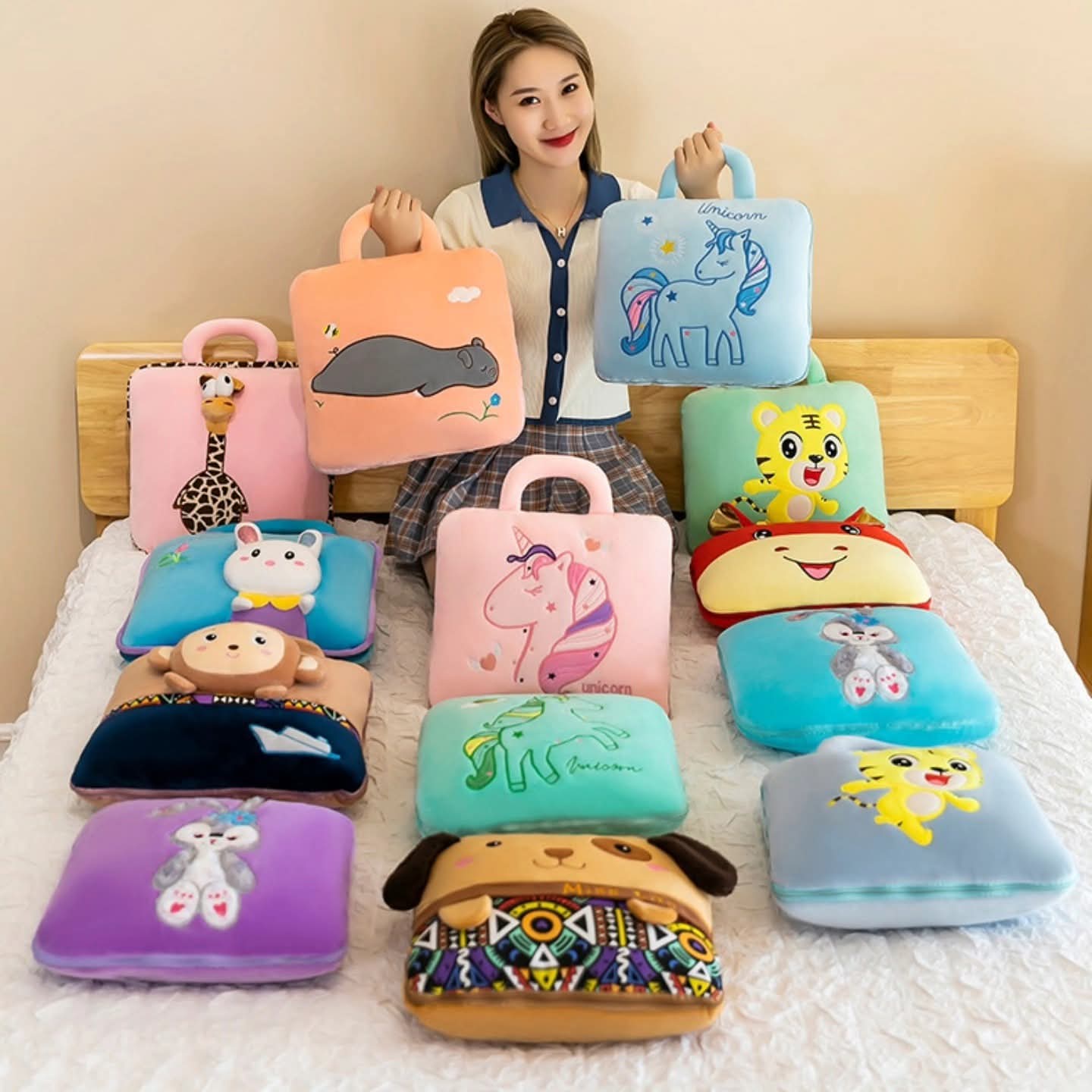 3-in-1 Cartoon Cushion Blanket – Plush Pillow & Travel Blanket