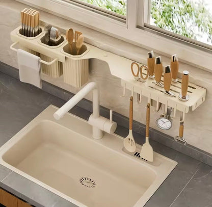 Wall Mounted Over The Sink Organizer Rack, Kitchen Storage Shelf with Knife Holder