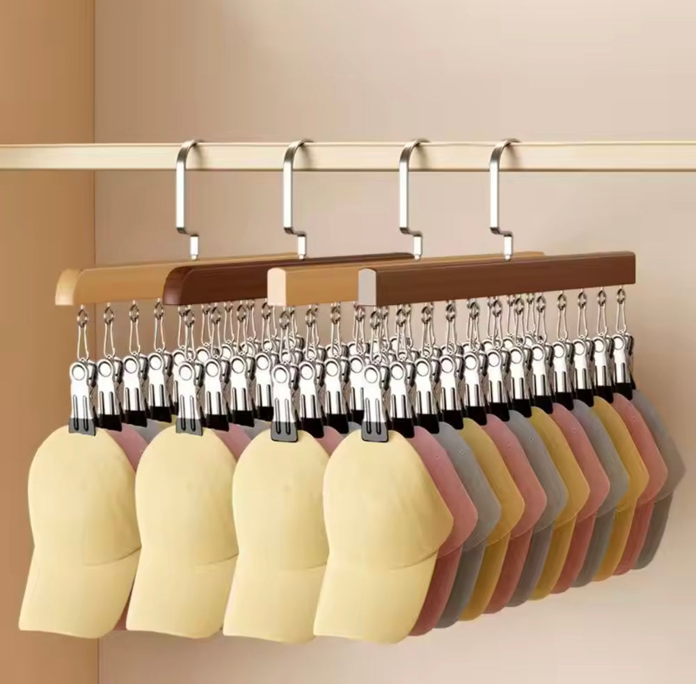 12 Clips Hanging Closet Organizer, Wooden Clip Stainless Steel Hanger