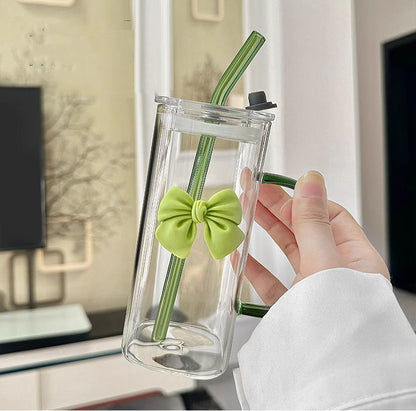 Square Glass Tumbler with Double Bows & Straw – Elegant Drinkware
