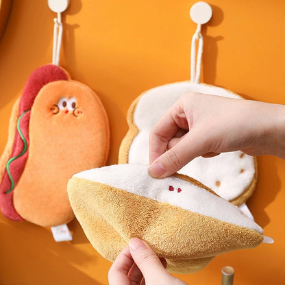 Cute Bread & Cheese Hanging Hand Towel – Soft Coral Fleece, Ultra Absorbent