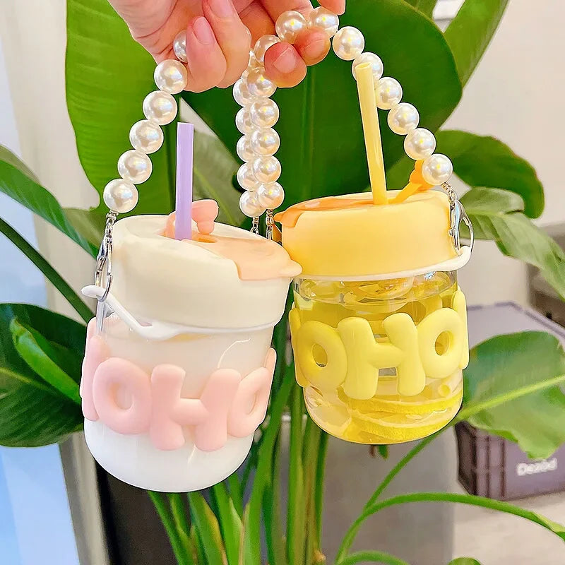 Aesthetic Glass Cup Straw Tumbler Glass Drinking Bottle
