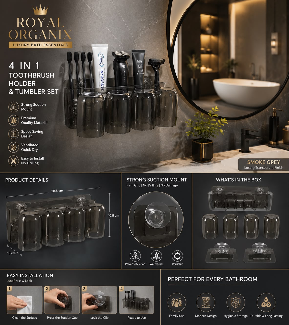 Wall Mounted Suction Shelf Royal Organix 4-in-1 Toothbrush Holder
