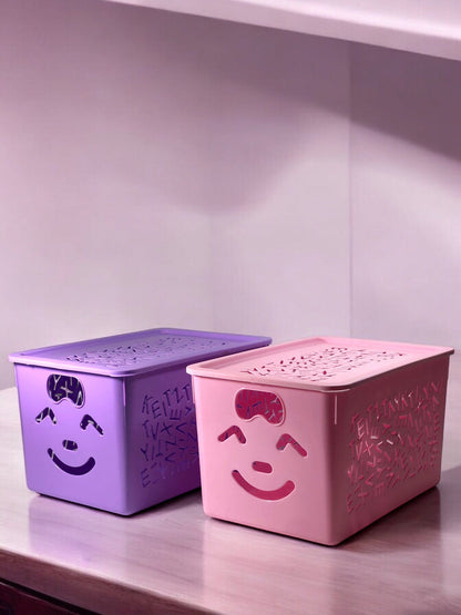3-Piece Set Of Purple Smiley Toys Storage Baskets With Lids